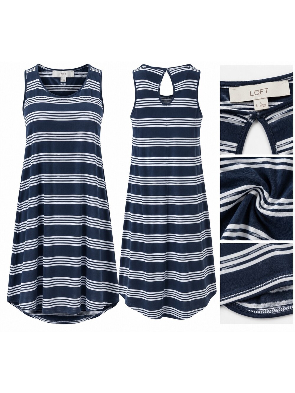 LOFT Navy Blue and White Striped Sleeveless Dress Size Large